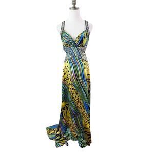 Cache Multicolor Animal Print Formal/Prom Dress Size 4 Beaded Details Low Back